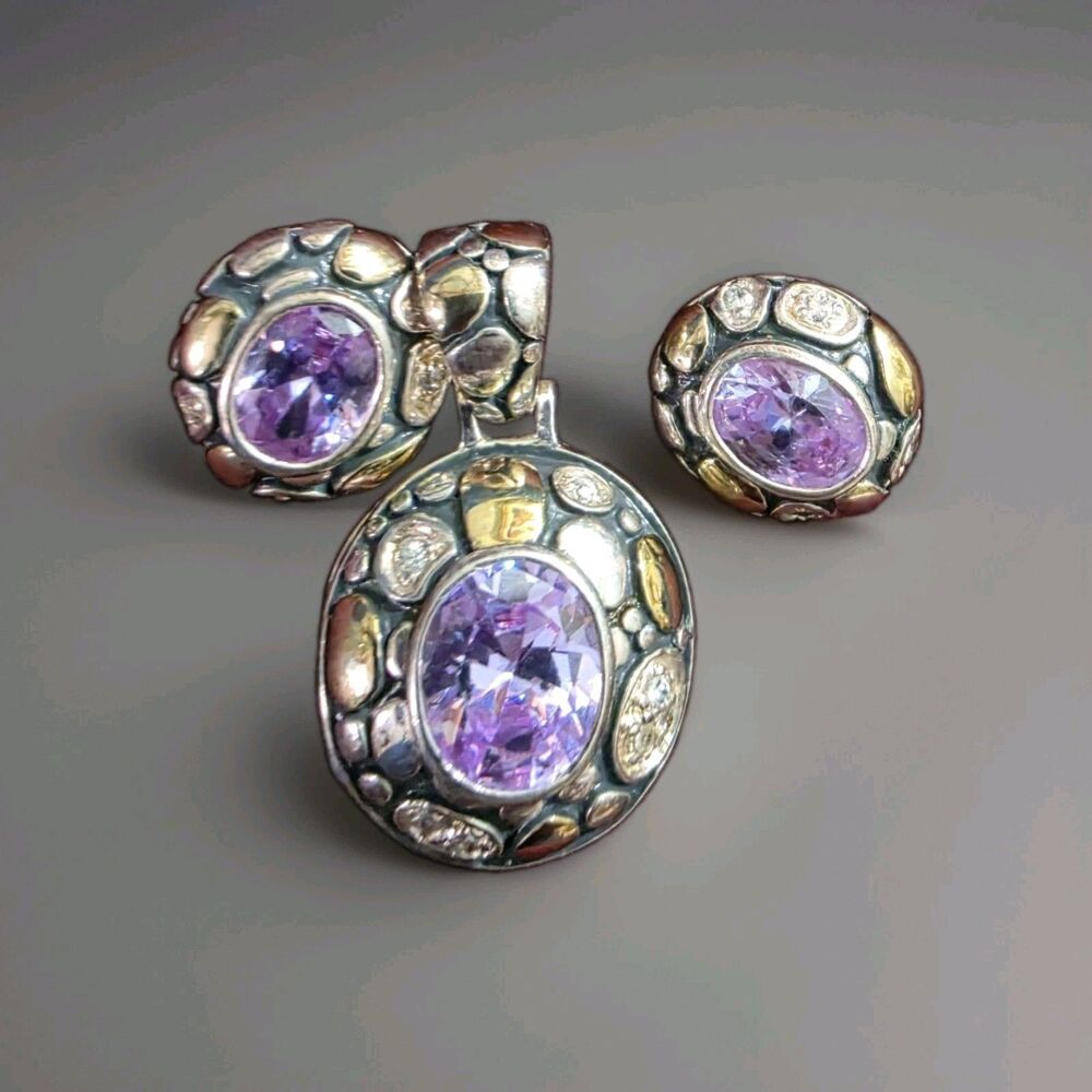 Purple Faceted Stone Pendant Earrings Set Two-Tone Gold Silver Nugget Halo